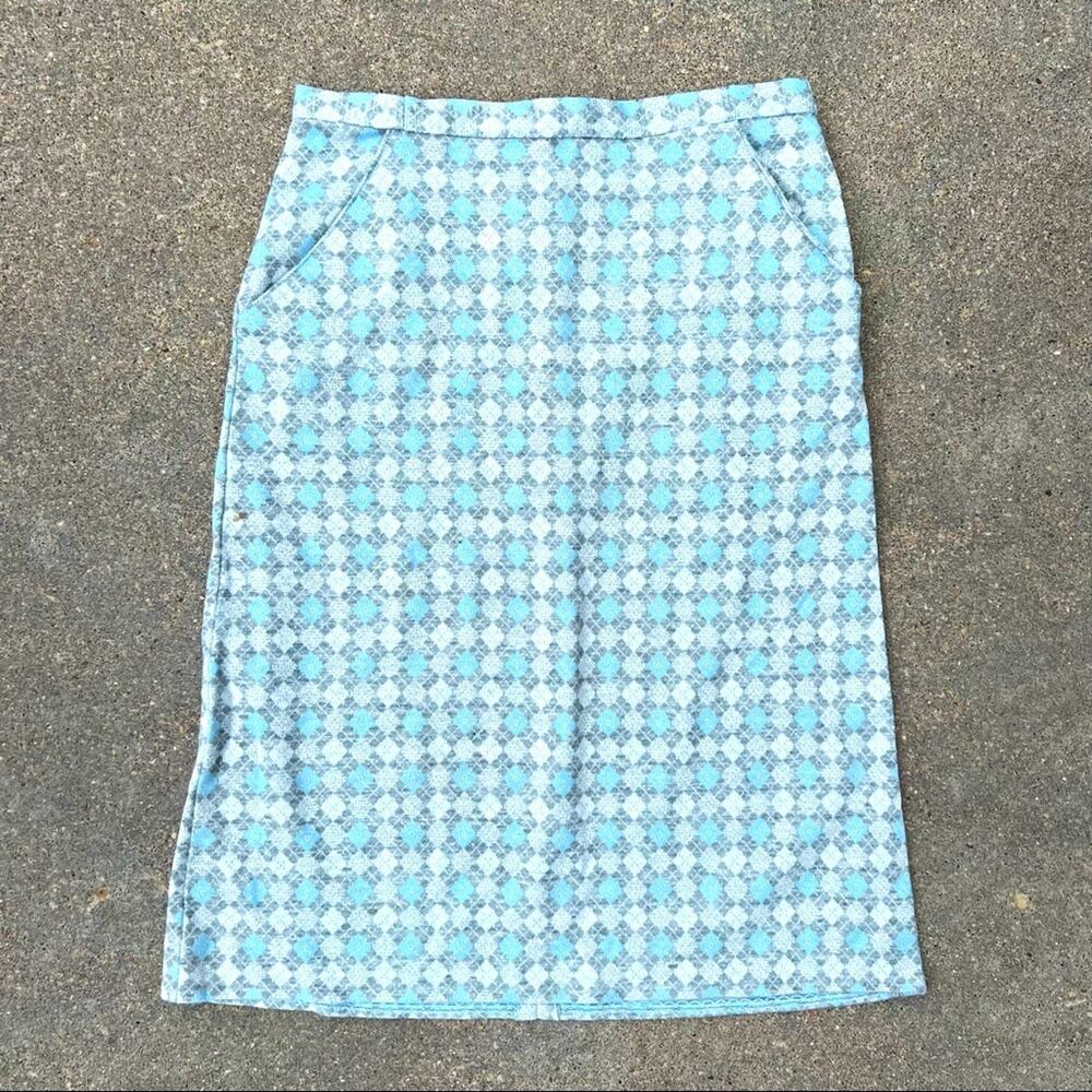 Vintage 60s metallic gray silver and blue argyle print pencil skirt
